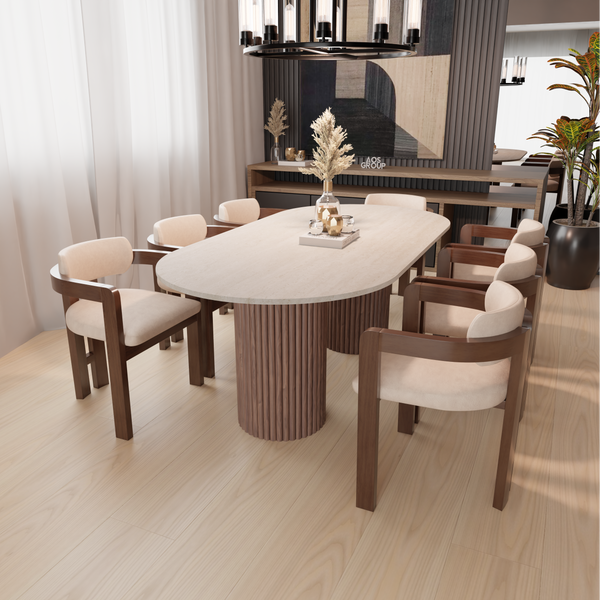 Travertine Dining Table - Round End, Walnut Fluted Wood Leg