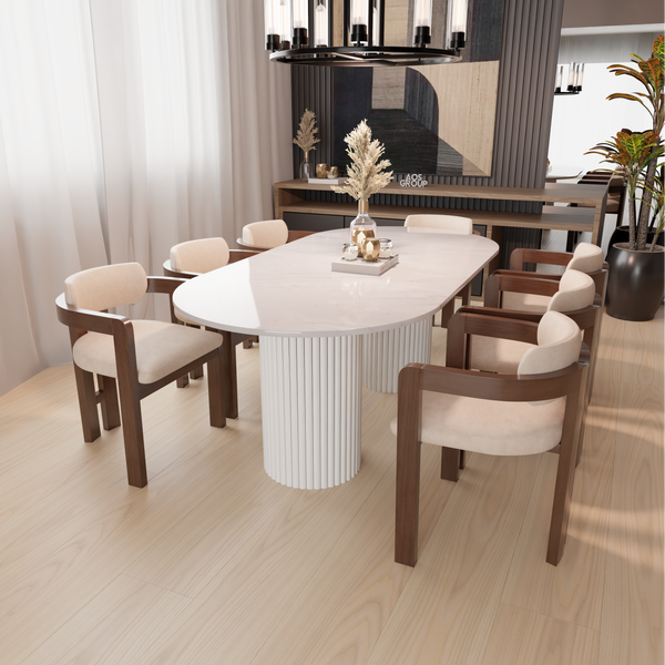 White Marble Dining Table - Round End, White Fluted Wood Leg