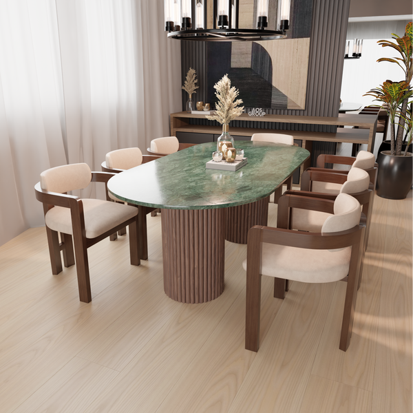 Green Marble Dining Table - Round End, Walnut Fluted Wood Leg