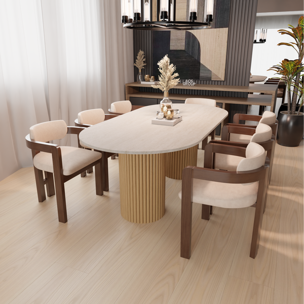 Travertine Dining Table - Round End, Natural Fluted Wood Leg