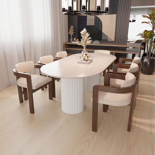 Beige Marble Dining Table - Round End, White Fluted Wood Leg