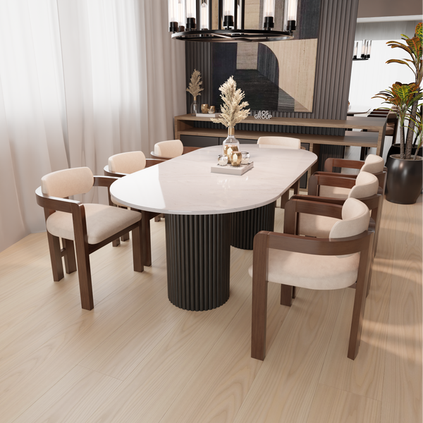 White Marble Dining Table - Round End, Black Fluted Wood Leg