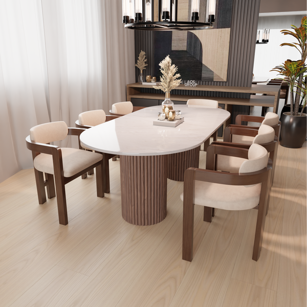 White Marble Dining Table - Round End, Walnut Fluted Wood Leg