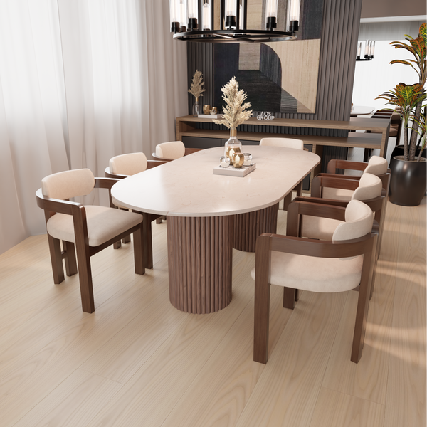 Beige Marble Dining Table - Round End, Walnut Fluted Wood Leg