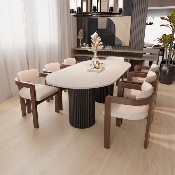 Vestone Travertine Dining Table Round End Black Fluted Wood Leg