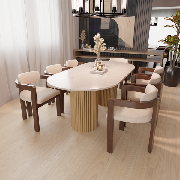 Beige Marble Dining Table - Round End, Natural Fluted Wood Leg