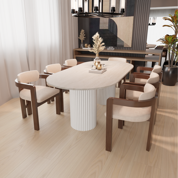 Travertine Dining Table - Round End, White Fluted Wood Leg