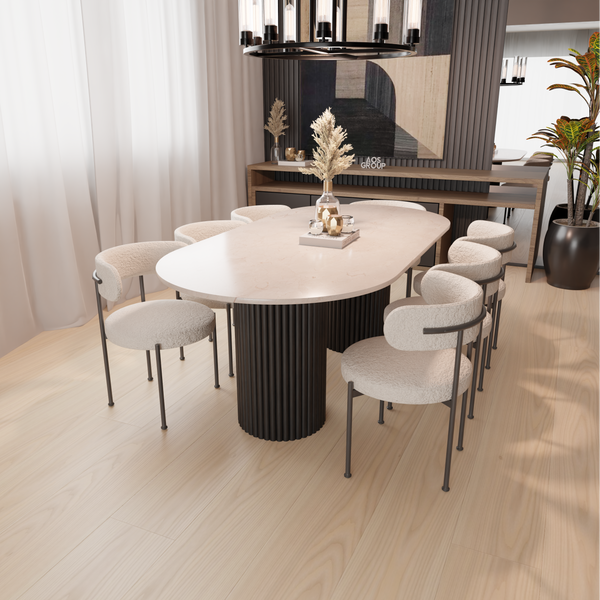 Beige Marble Dining Table - Round End, Black Fluted Wood Leg