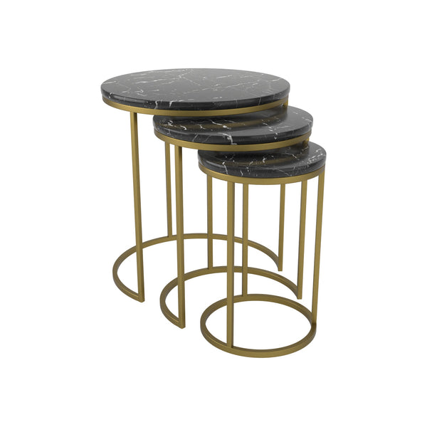 Josie Black Marble Round Nesting Side Table 3-Piece Set - Matte Gold Frame