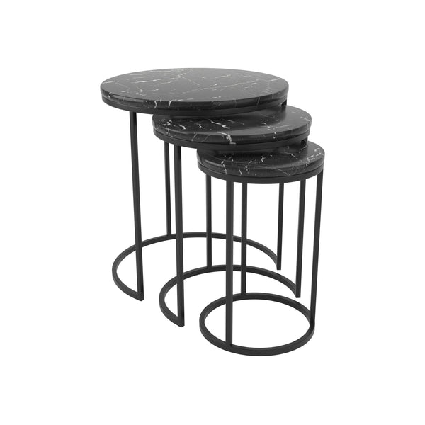 Josie Black Marble Round Nesting Side Table 3-Piece Set - Black Frame